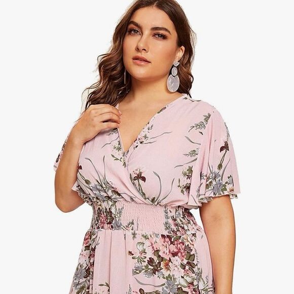 New Plus Size Floral Bohemian High Waist V Neck Long Summer Dress Dusty Pink - Picture 1 of 12